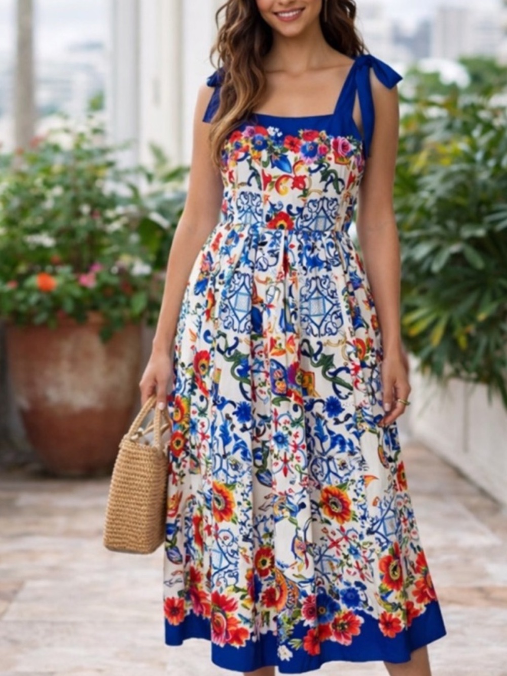 NWT Dalia Macphee ANTHRO Blue Satin Dress with Greek mosaic tile design size S